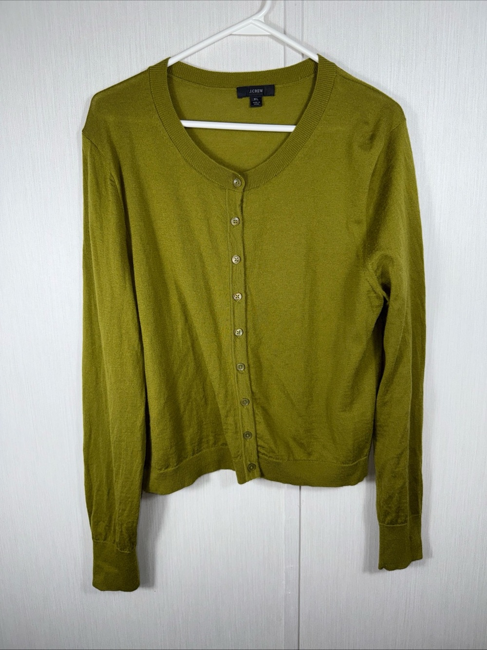 J.Crew XL Crewneck Cardigan in Merino Wool, Green, Transitional Piece Capsule